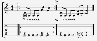 A guitar riff example shown in tab demonstrating tremolo picking